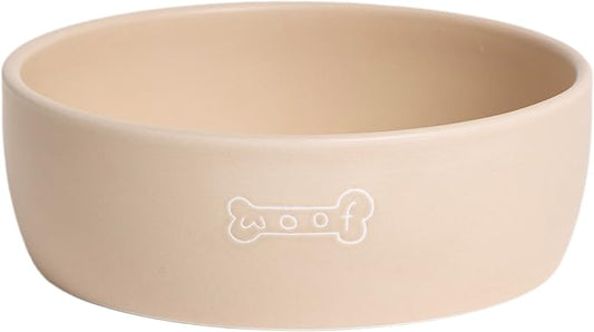 Pearhead Ceramic Dog Bowl – Neutral Taupe “Woof” Design, Holds 2.5 Cups, Non-Skid Stoneware Pet Feeding Dish, 20 oz, Medium