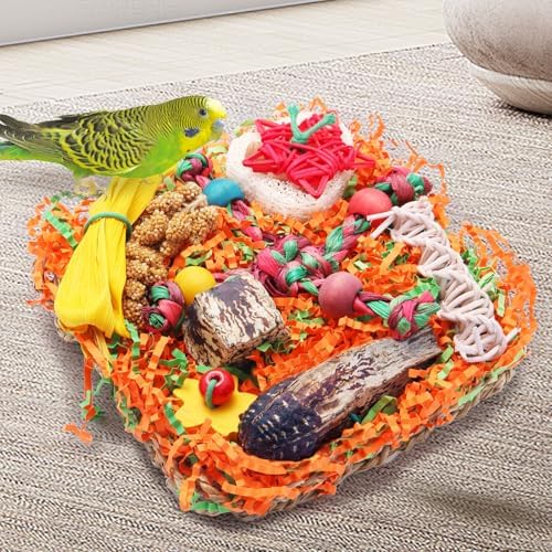 Bird Toys for Small & Medium Parrots - Natural Foraging & Shredding Cage Hanging Toys with Seagrass Mat, Starfruit, Loofah Slices for Budgies, Cockatiels, Lovebirds, Conures (1 PCS)