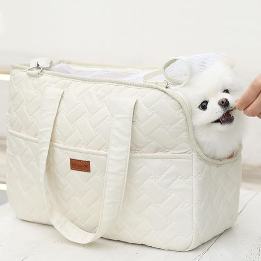 Small Dog Carrier Kitten Puppy Handbag with Multiple Pockets,Woman Style,Breathable Mesh Soft Cushion,Pets Tote Purse Picnic Travel Outdoor,MAX 6 lb (Cream, Small)