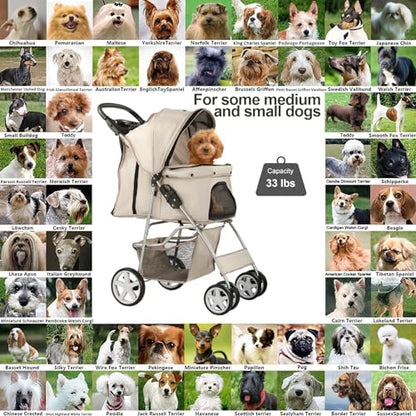 4-Wheel Pet Stroller for Small Dogs and Cats, Up to 33 lb, Gray