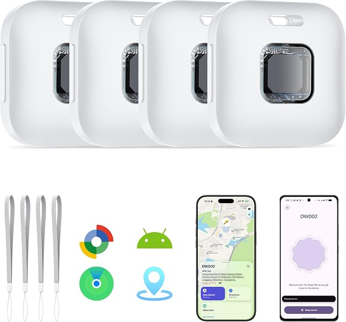 Hoxe Air Tracker Tags-4 Pack for iOS & Android, Smart Tag for Key, Bag, Pet | Dual System Luggage Tracker Compatible with Apple Find My & Google Find Hub App, Bluetooth Key Finder Replaceable Battery