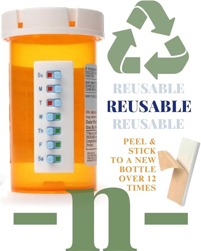 TAKE-N-SLIDE Peel and Stick Reusable for 12 + Refills, Pill/Medication/Vitamin/Pet Med Tracker & Reminder, Attach to Your Bottle, Organizer-Free, Curved‑Back (White, 2-Pack)