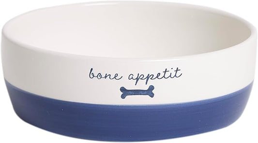 Pearhead Ceramic Dog Bowl – White & Navy “Bone Appétit” Design, Stoneware Pet Dish, Non-Skid Feeding Bowl, Small/Medium 2.25 Cups/ 18 oz