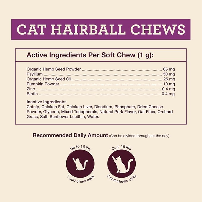 Hemp Well Cat Hairball Soft Chews for Cats (2 Pack), Organic USA Grown, Chicken Cheese & Catnip Flavor!