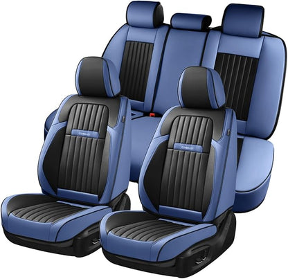 Coverado Car Seat Covers Full Set, Car Seat Protector Car Seat Cushion, Nappa Leather Seat Covers for Cars, Front and Back Seat Protectors Cushions Universal Fit for Most Cars Vehicles(Blue&Black)