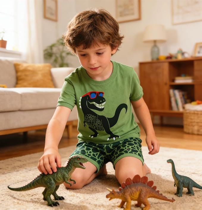Popshion Boys Pajamas 100% Cotton Toddler Clothes Summer Pjs for Boy Planet Dinosaur Sleepwear Kids Short Sets 2-10 Years