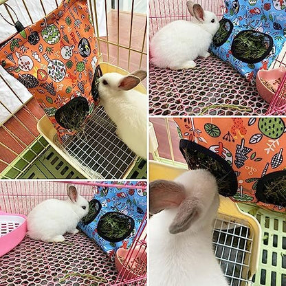 Rabbit Hay Feeder Bag, Guinea Pig Hay Feeder for Cage Small Animal Hanging Feeding Bags Rabbit Hay Dispenser Storage for Rabbits Guinea Pigs Bunnies Chinchillas (Orange,Light Blue, 2 Hole)