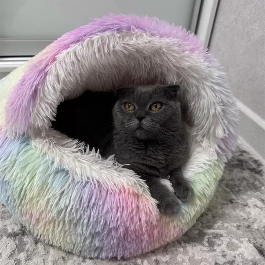 Round Fluffy Hooded Cat Bed Cave, Anti-Anxiety Cave Bed with Blanket