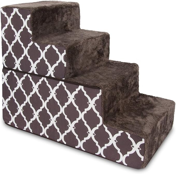 Best Pet Supplies Dog Stairs & Steps - Foam Steps for Small Dogs & Cats, Non-Slip Indoor Balanced Pet Step Support, Dog Ramp, No Assembly, Brown Lattice Print, Foldable 4-Step (22-inch Height)