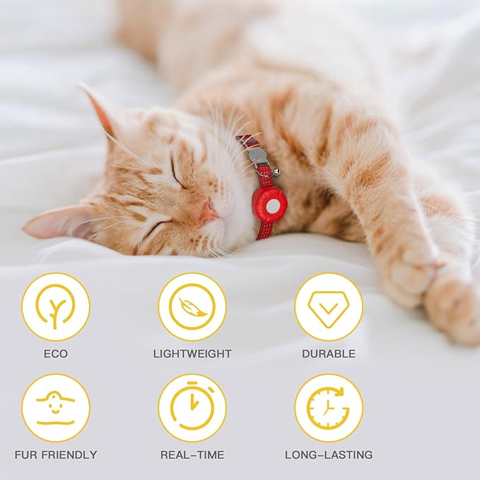 Cat Tracker,No Monthly Fee GPS Trackers for Cats Work with Apple Find My App(iOS Only),Real-Time Location Tracking,Cat Tracker GPS Collar with Safety Elastic Buckle-Red