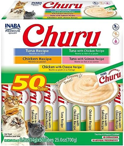 INABA Churu Cat Treats, Grain-Free, Creamy Purée Cat Treat/Topper, Tuna & Chicken Variety