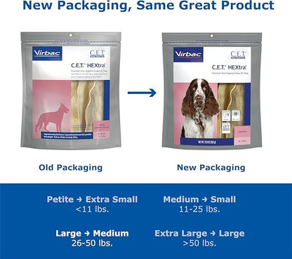 Virbac C.E.T.® HEXTRA® Premium Oral Hygiene Chews for Dogs, Rawhide Coated to Fight Bacteria and Reduce Plaque and Tartar, 26-50 lbs