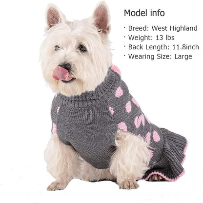 KYEESE Dog Sweater Dress Polka Dot Turtleneck Dogs Sweaters for Girl with Leash Hole Knit Pullover with Pom Pom Ball