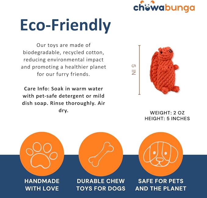 Bucky The Squirrel Dog Toy Handmade Eco Cotton Rope Squirrel Toy for Dogs - Natural, Non-Toxic Dyes, Dog Chew Toys for Small & Medium Breed Dogs, Cats (Small)