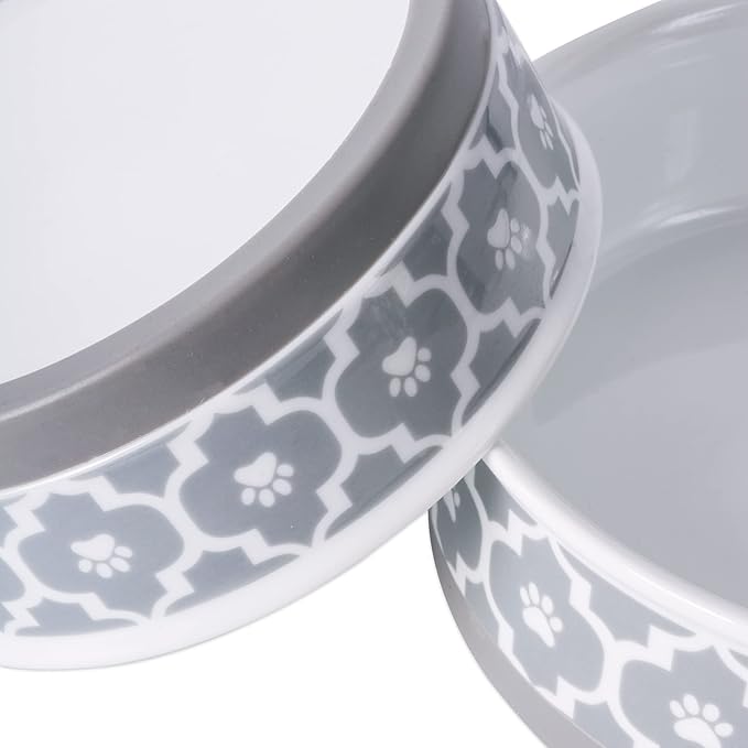 Bone Dry Paw Print Ceramic Pet Bowl, Lattice Collection, Large Set, 7.5x2.4", Gray, 2 Count