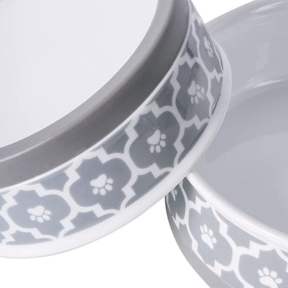Bone Dry Paw Print Ceramic Pet Bowl, Lattice Collection, Large Set, 7.5x2.4", Gray, 2 Count