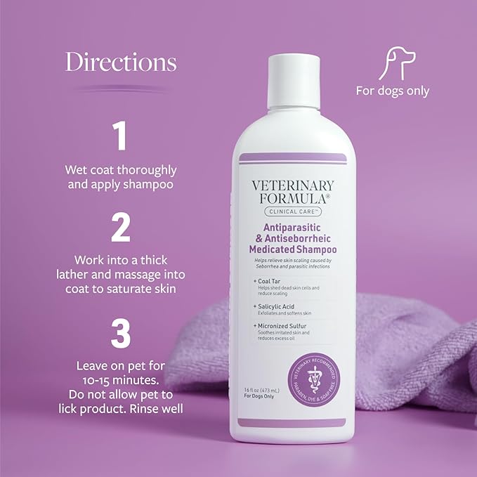 Veterinary Formula Clinical Care Antiparasitic & Antiseborrheic Medicated Dog Shampoo, 16 oz – Paraben, Dye, Soap Free – Hydrating and Antifungal Shampoo for Dogs, White