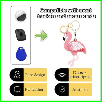Leather Keychain Holder Case Compatible with AirTag,Cute Protective Cover with Keyring,Anti-Scratch Finder GPS Tracker Case for Wallet Keys,Bag,Pets,Backpack(Flamingo)
