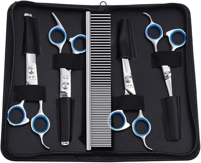 Dog Scissors with Round Tip, 6 in 1 Dog Grooming Kit, Stainless Steel Pet Grooming Scissors for Full Body, Face, Nose, Ear and Paw (Blue)