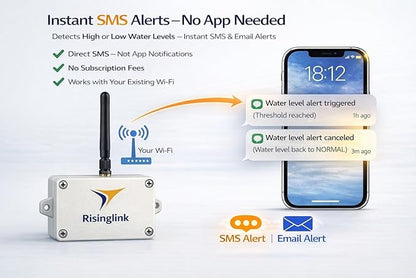 WiFi Water Level Monitor Alarm, High OR Low Water Level Alerts, Text & Email Notifications, Battery Powered, Stainless Steel Float Sensor with 10 ft Cable, Indoor/Outdoor Use