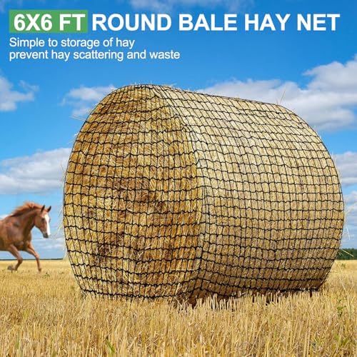 6x6 ft Bale Hay Net for Horses Round/Square, 1.7 inch Hole Knotless Livestock Slow Feeder Hay Storage Net for Horses, Cattle, Sheep in Farms (Round)