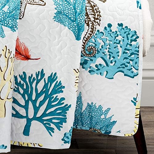 Lush Decor Coastal Reef Feather Reversible Throw Blanket, 50" W x 60" L, Blue & Coral - Throw Blankets for Bed - Couch Blanket - Coastal Throw Blanket for Couch