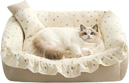 Jiupety Cat Bed for Indoor Cats Removable Washable Pet Beds with Slip-Resistant Bottom Ruffled Puppy and Kitten Beds with Pillow, Beige 21"x15"