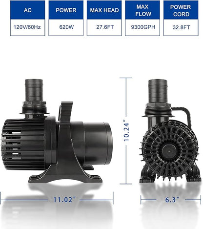 OYO WATER High Flow Submersible Water Pump, 9300 GPH 620W Waterfall Pump for Ponds & Outdoor Features, 32.8FT Power Cord, Quiet & Powerful Pond Filter Pump for Koi Pond, with Barrier Bag