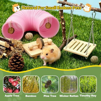 Guinea Pig Toys Kit with Pink Hamster Fun Plastic Tunnel Small Animals Chew Toys with Natural Timothy Hay Chips, 30 Pcs Hamster Cage Accessories for Gerbils, Rats, Mice, Ferrets (Pink)