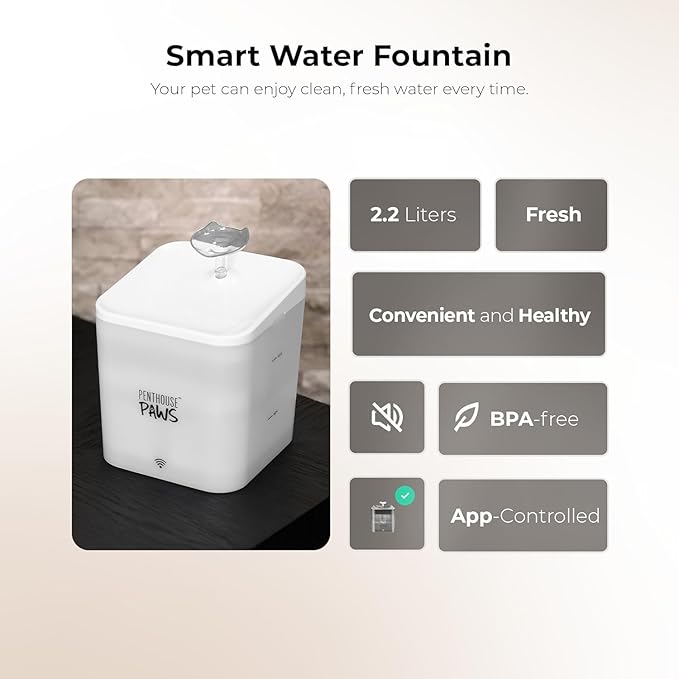 Penthouse Paws Smart Cat Water Fountain 2.2L, App Controlled Automatic Water Dispenser, Ultra Quiet Pump, 5-Stage Filter, Whisker Friendly Bowl, for Cat & Dog, White