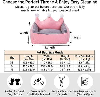 Cute Crown Pet Princess Beds for Small Dogs Luxurious Crown Dog Priness Beds Winter Warm Puppy Cat Sofa Bed Shih Tzu Yorkies Kennels Removable Mascotas Supplies (Pink Crown, S Below 4.0kg)