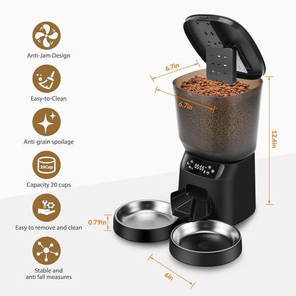Automatic Cat Feeders for Two Cats, 5L/20 Cups Double Automatic Cat Food Dispenser with 2 Stainless Bowls, Timer Setting 20 Portions 6 Meals Per Day, 10s Meal Call, Pet Feeder for Dog (Black, 5L)
