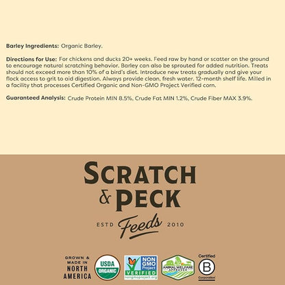 Scratch and Peck Whole Barley Chicken, Duck and Livestock Supplemental Grain - 10 lbs Bag - 8.5% Protein, Certified Organic and Non-GMO Project Verified Chicken Food