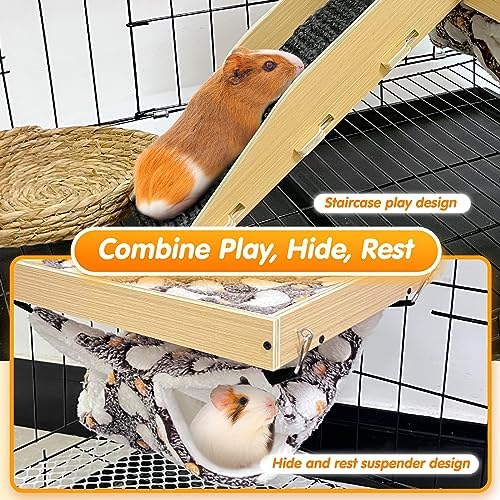 Guinea Pig Hideout，Natural Wood Removable Guinea Pig Bed, Small Animal Habitat with Hanging Hammock/Staircase/Cushion, Suitable for Small Animals to Hide, Rest, Play
