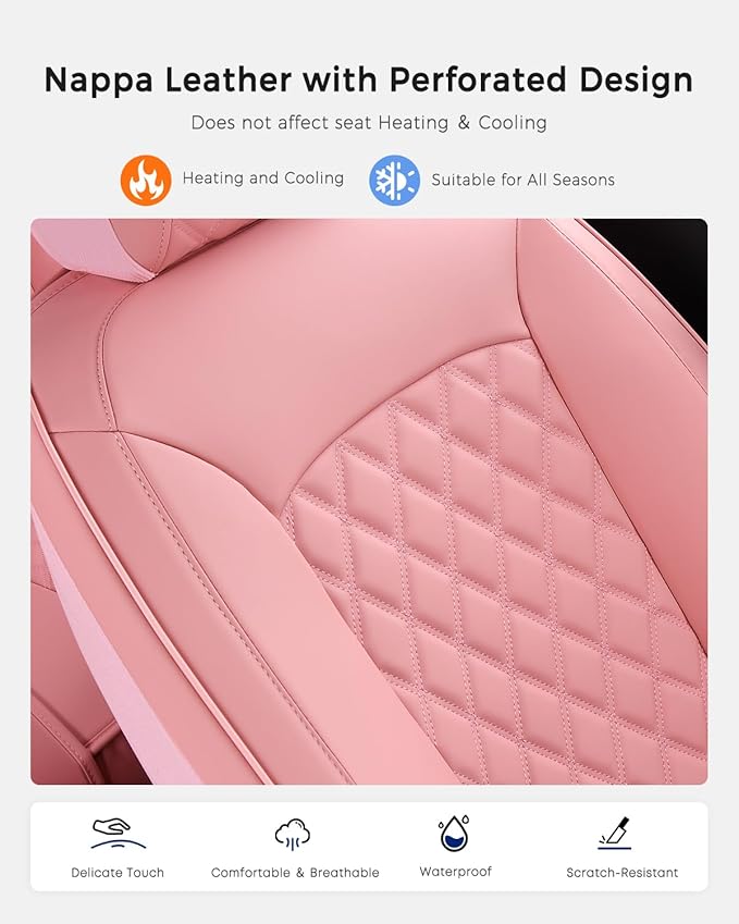 Huidasource Pink Seat Covers, Nappa Leather Car Seat Covers, Velcro Adjustable, Compatible with Airbags, Armrests, Child Seat, Seat Belts, Fit for Most Cars, Vans, Trucks, SUVs (Full Set/Pink)
