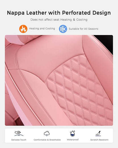 Huidasource Pink Seat Covers, Nappa Leather Car Seat Covers, Velcro Adjustable, Compatible with Airbags, Armrests, Child Seat, Seat Belts, Fit for Most Cars, Vans, Trucks, SUVs (Full Set/Pink)
