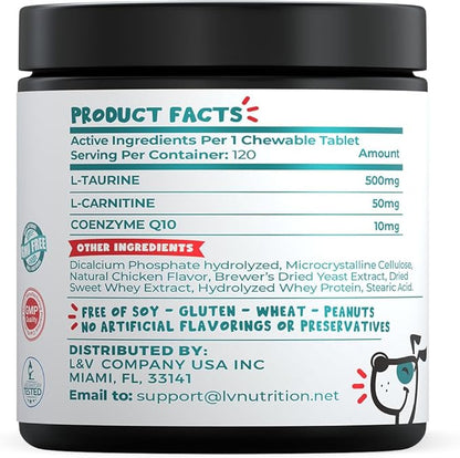 Taurine Supplement for Dogs with L-Carnitine and Coenzyme Q10 (CoQ10): Vet Endorsed for Enlarged Heart (DCM), Congestive Heart Failure, Taurine Deficiency: 3-in-1 | Dog Supplements- 120ct