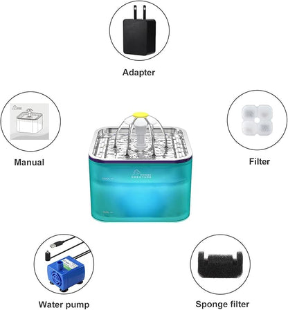 Wonder Creature Crystal Cat Water Fountain Stainless Steel Lid, 101oz/3L | Pet Fountain with Transparent Base, Quiet Pump, LED Indicator Light, Triple Filtration, 3 Flow Modes for Cats and Dogs