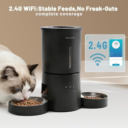 Miaosical Automatic Cat Feeder 2 Cats,2.4G WiFi Timed Auto Cat Food Dispenser with Dual Bowls,4.2L Smart App Control,Equal Portion Feeding for Multiple Cats (Black, 4.2L WiFi Dual Bowl)