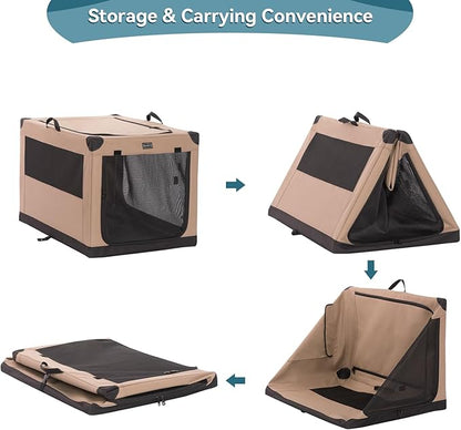 PETSFIT 30" Soft Portable Dog Crate – Patented Spiral Sturdy Frame, Collapsible Travel Kennel for Medium & Large Dogs, 3 Mesh Door, Lockable Zippers, Indoor & Car Use Khaki