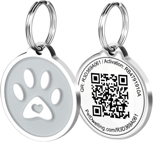 Pet Dwelling QR Code Pet ID Tag – Smart Dog & Cat ID Tags for Pet Safety, Free Personalized Online Profile, Instant Scan Alerts, AI Insights (Gray Paw)