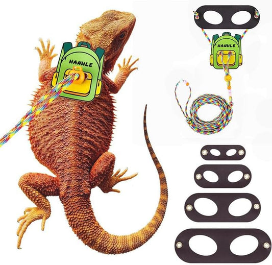 4 Pack Bearded Dragon Harness and Leash Set – Adjustable Soft Leather & Nylon Vest with 6.89–62 Inch Lead, Escape-Proof Lizard Walking Harness for Reptiles, Squirrels & Small Pets (Green Bag)
