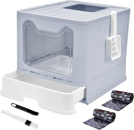Panghuhu88 Foldable Cat Litter Box with Lid, Large Top Entry Toilet, Enclosed Potty Include Litter Scoop, Drawer Type Easy Clean Litter Pan (Grey, 20" L x 16" W x 15" H)