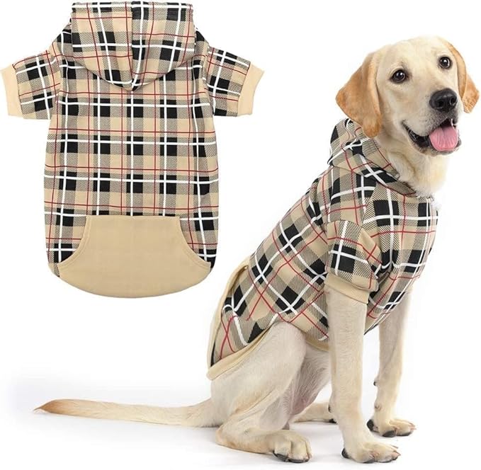 EXPAWLORER Plaid Dog Hoodie - British Style Warm Dog Sweater Shirt with Leash Hole,Pitbull Clothes Outfits,Winter Coat Apparel for All Breeds Puppy Girl Boy-Cat Apparel,Beige XX-Large