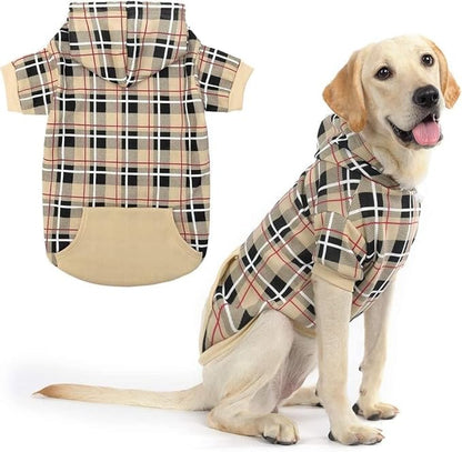 EXPAWLORER Plaid Dog Hoodie - British Style Warm Dog Sweater Shirt with Leash Hole,Pitbull Clothes Outfits,Winter Coat Apparel for All Breeds Puppy Girl Boy-Cat Apparel,Beige XX-Large