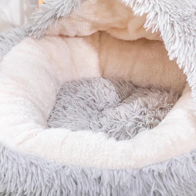 PetPals Round Cat Bed with Hoodie Cover and Removeable Washable Cushion, Super Soft Faux Fur Pet Bed for Puppy and Kitten with Anti-Slip Bottom (Faux Fur Igloo)