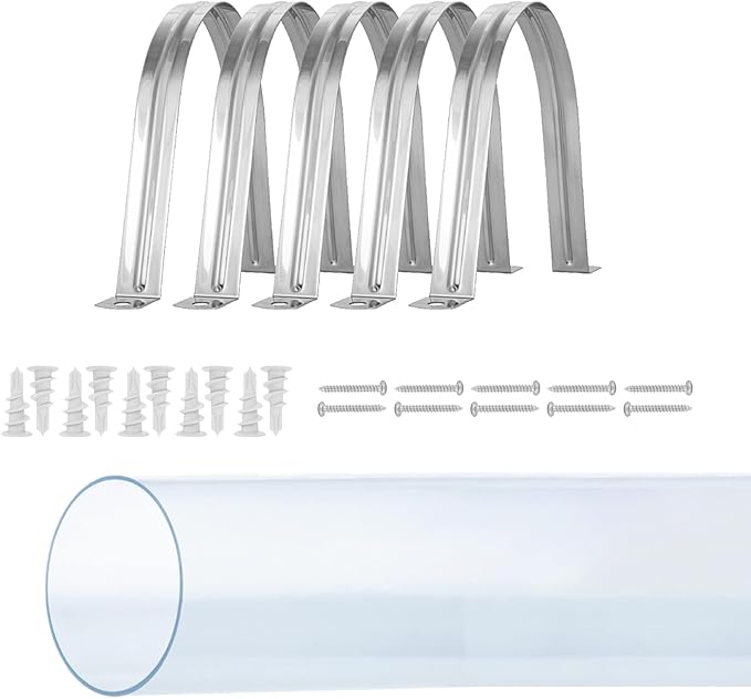 POWERTEC Clear PVC Pipe 4" x 36" Long, 1PK Plastic Tubing & 5PK Stainless Steel Pipe Straps w/Drywall Anchors & Screws Compatible w/Dust Collection Fittings, Hose for Woodworking Tools (70405)
