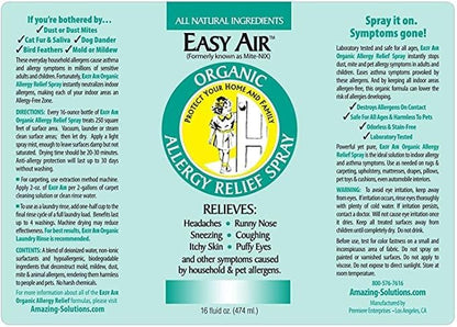 Easy Air Organic Allergy Relief Spray, Clear Liquid Formula for Instant Relief for Symptoms of Pet Allergies, Dust and Mite Allergy - 16 Fl Oz