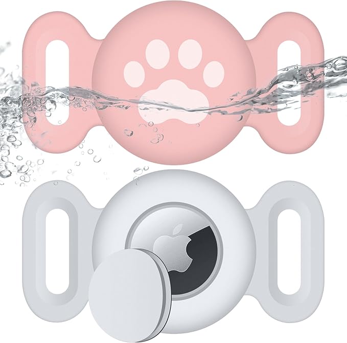 Waterproof Collar Holder Compatible with Airtag (2 Pack), Protective Anti-Lost Case for GPS Tracker, Silicone Collar Holder for Pets (Pink/White)