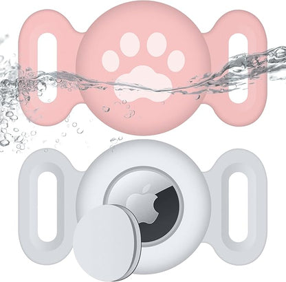 Waterproof Collar Holder Compatible with Airtag (2 Pack), Protective Anti-Lost Case for GPS Tracker, Silicone Collar Holder for Pets (Pink/White)